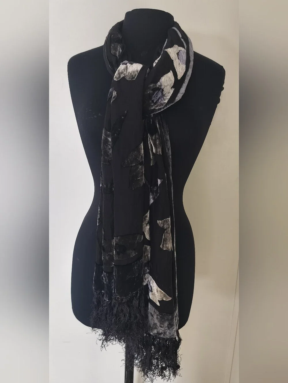 Black Floral Velvet Accented Scarf with Fringe